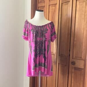 Madison Fuschia & Yellow Print Stretch Pullover Top, Size L